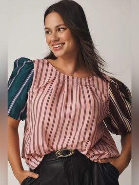 Anthropologie Mauve Striped Puff Sleeve Bow Back Top | XS #0187